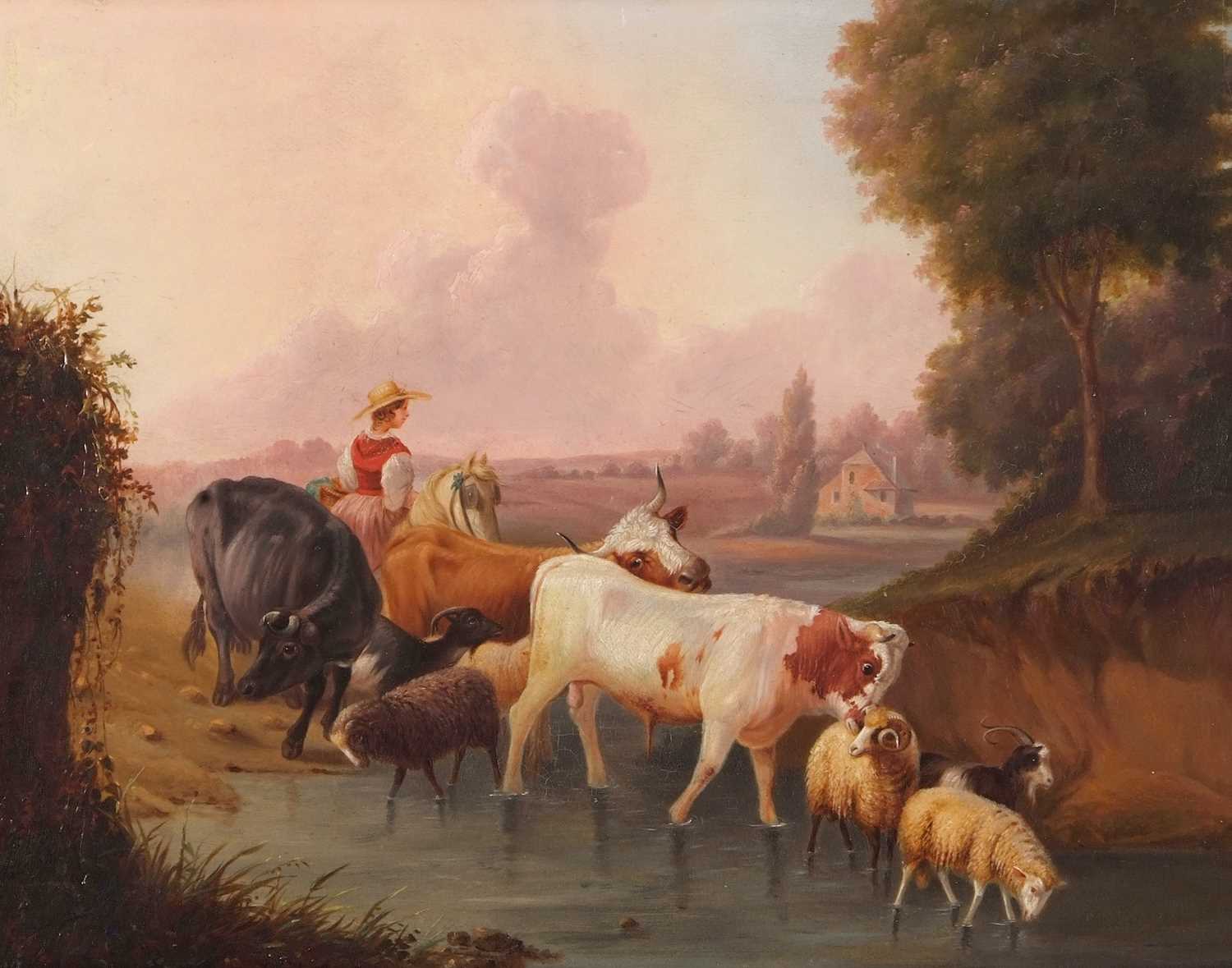 Continental School, circa 19th century, pastoral landscape scene with cattle and goats fording on - Image 3 of 3