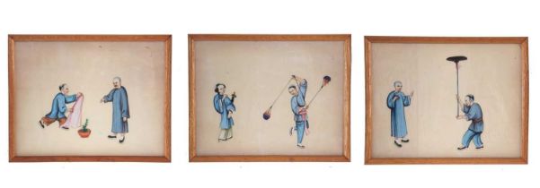 A group of three Chinese watercolours on silk, framed with figures in various pursuits