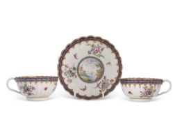 A Worcester porcelain cup and saucer decorated with the Dalhousie pattern, the saucer 14cm in