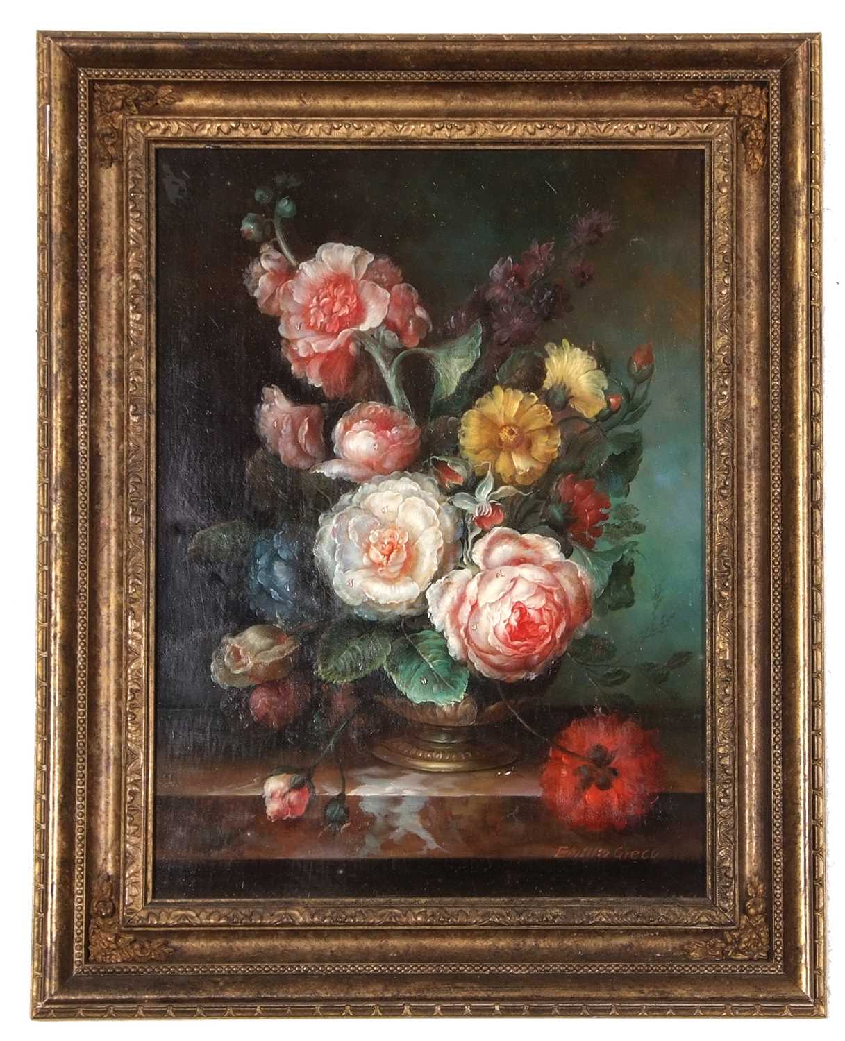 Emillio Greco (b.1932), Still life with flowers, oil on board, signed, 28x38cm, framed