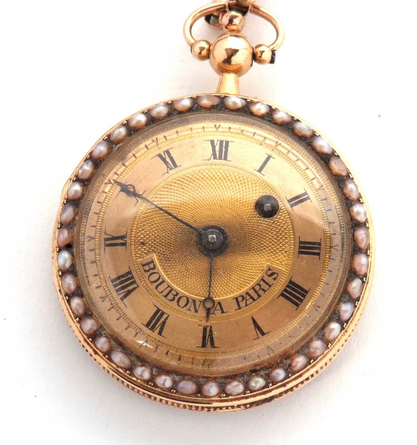 A Boubon a Paris mid grade yellow metal fob watch with chain, the pocket watch has a seed pearl - Image 6 of 9