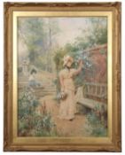 Alfred Augustus Glendening Jr (British, 1861-1907) a watercolour of a lady in a garden picking