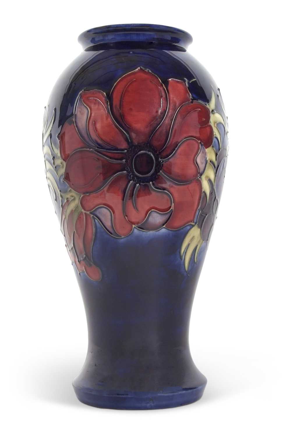 A large Moorcroft vase of baluster form, circa 1950's, the blue ground with two blind anemone