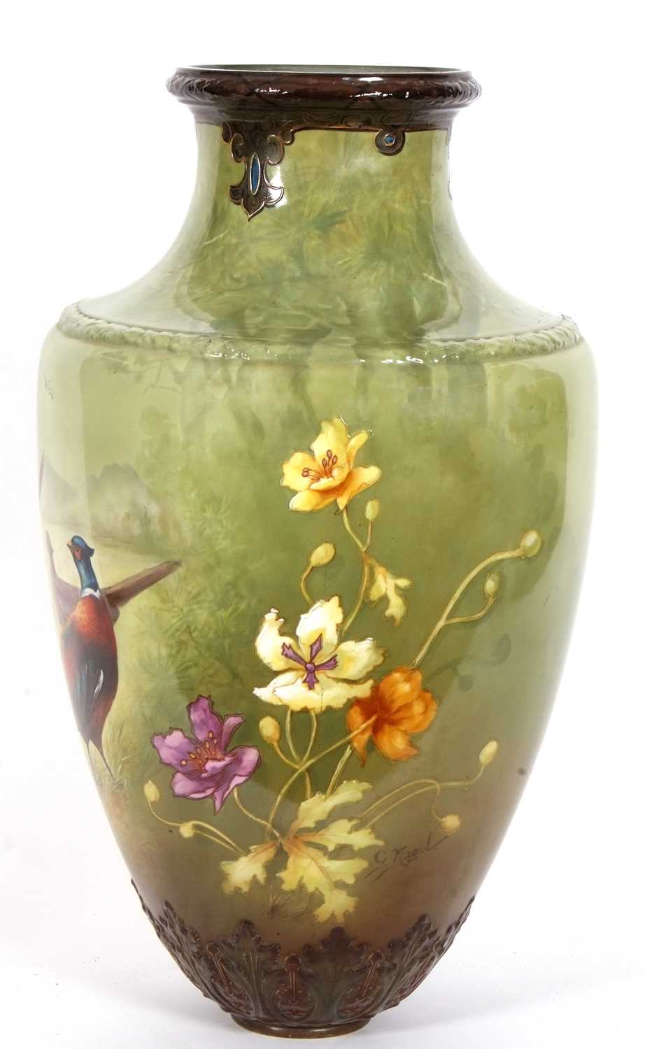 A very large Art Nouveau style vase, the green ground painted with pheasants and flowers, probably - Image 3 of 9