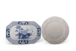 A Bow or Isleworth rectangular dish with a central design of flowers and bamboo within hatched