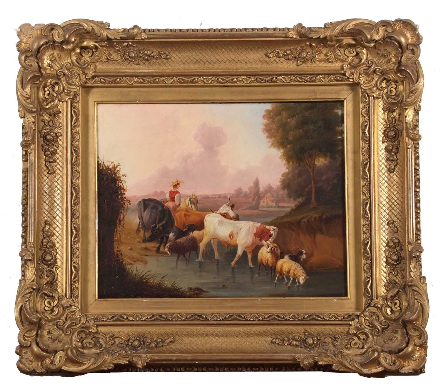 Continental School, circa 19th century, pastoral landscape scene with cattle and goats fording on - Image 2 of 3