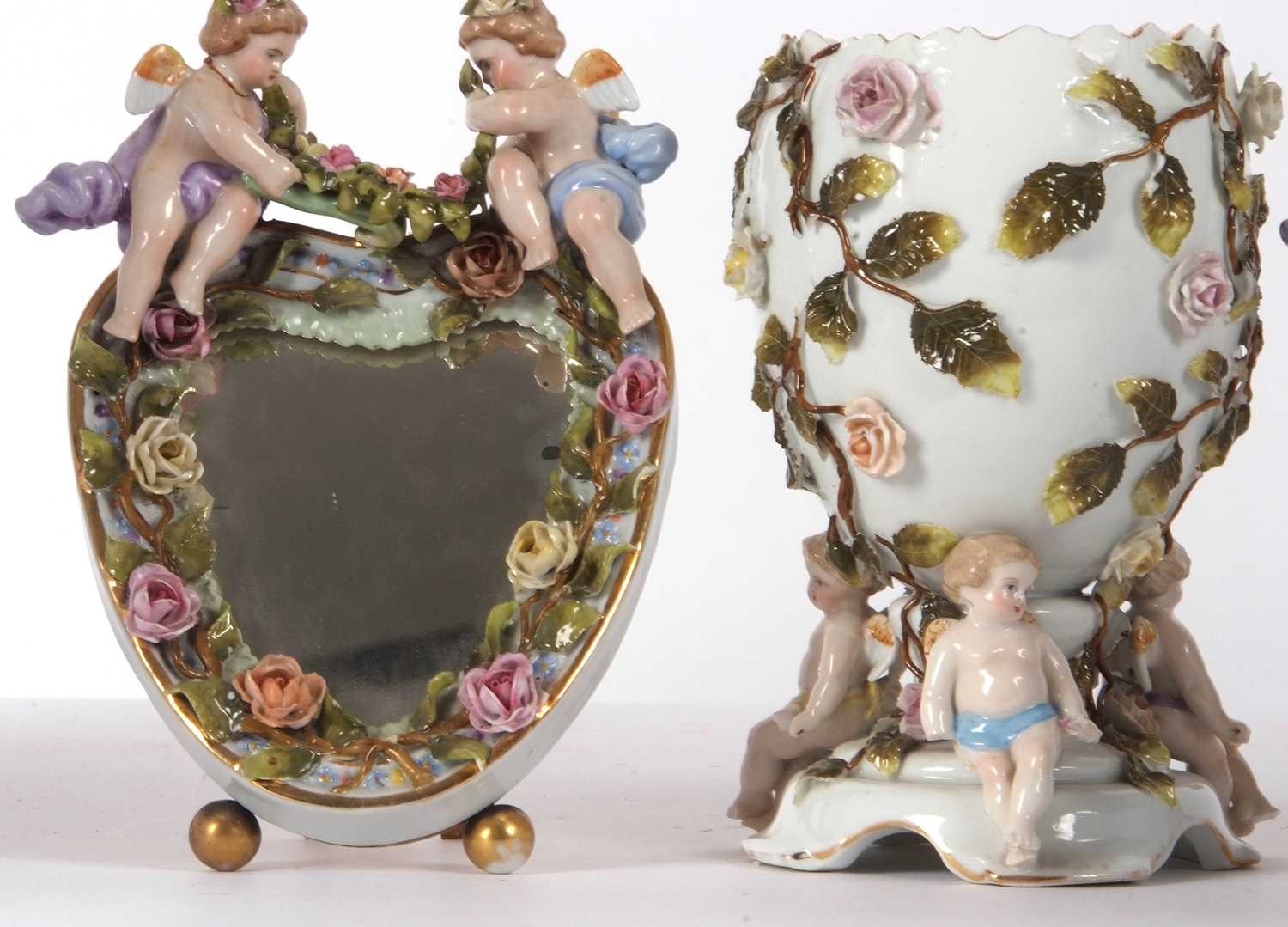 A Continental porcelain vase of oval shaped, supported by three cherubs, the base with Sitzendorf - Image 3 of 5