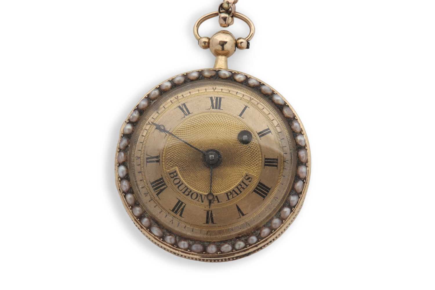 A Boubon a Paris mid grade yellow metal fob watch with chain, the pocket watch has a seed pearl - Image 2 of 9