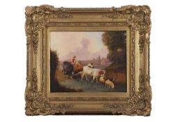 Continental School, circa 19th century, pastoral landscape scene with cattle and goats fording on