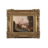 Continental School, circa 19th century, pastoral landscape scene with cattle and goats fording on