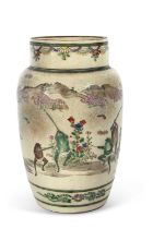 An unusual Satsuma ware vase decorated with frogs, one holding a pink banner with mountain landscape