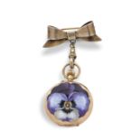 A yellow metal fob watch with a bow pin and enamel flower design case back, the pocket watch case