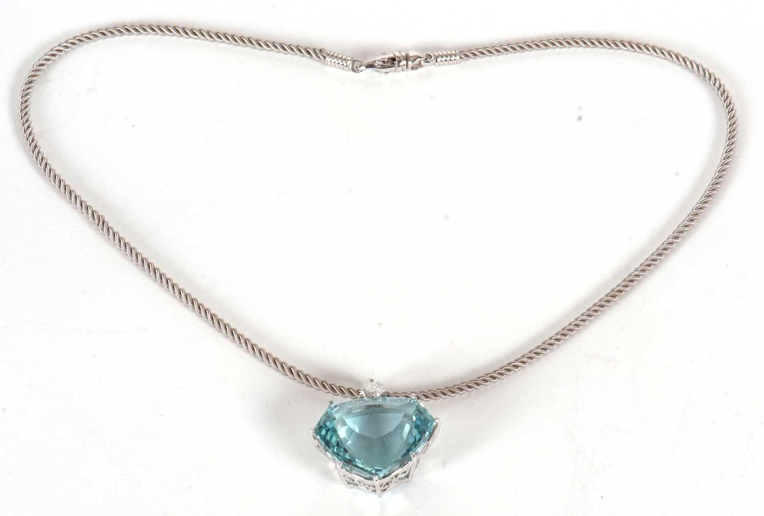 An aquamarine and diamond necklace, the heart shaped mixed cut aquamarine, approx. 37cts, claw - Image 10 of 10