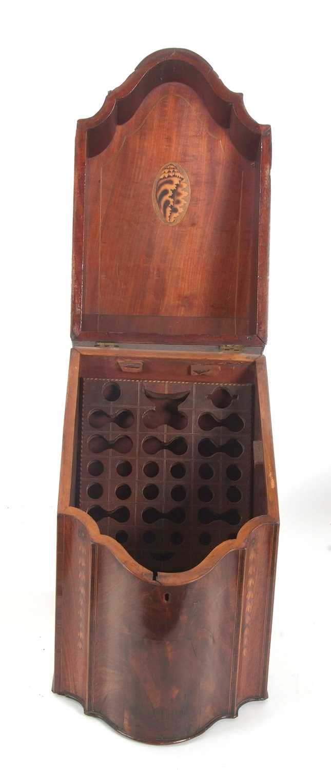 A Georgian mahogany knife box of hinged wedge form, the lid inlaid with shell decoration opening - Image 5 of 6