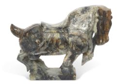 A large Chinese hardstone model of a horse set on a plinth base, 73cm long, 53cm high, 20cm wide