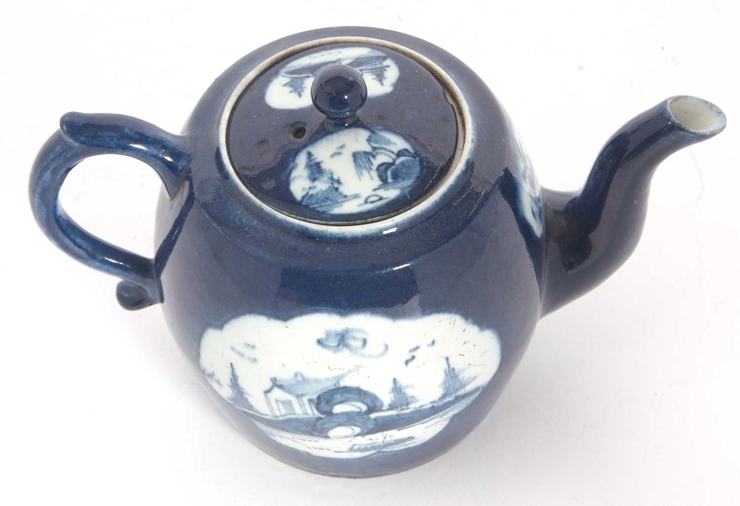 A rare Lowestoft teapot of small size c.1765 and a cover the powder blue ground with shaped panels - Image 6 of 8