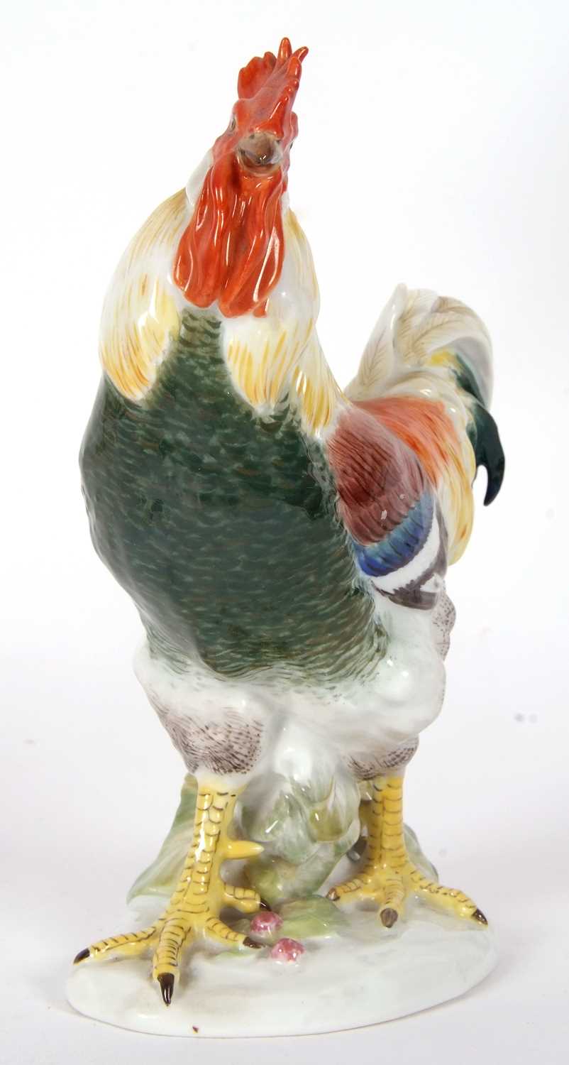 A 20th Century Meissen model of a cockerel, 18cm high, blue cross swords mark to base and - Image 2 of 6