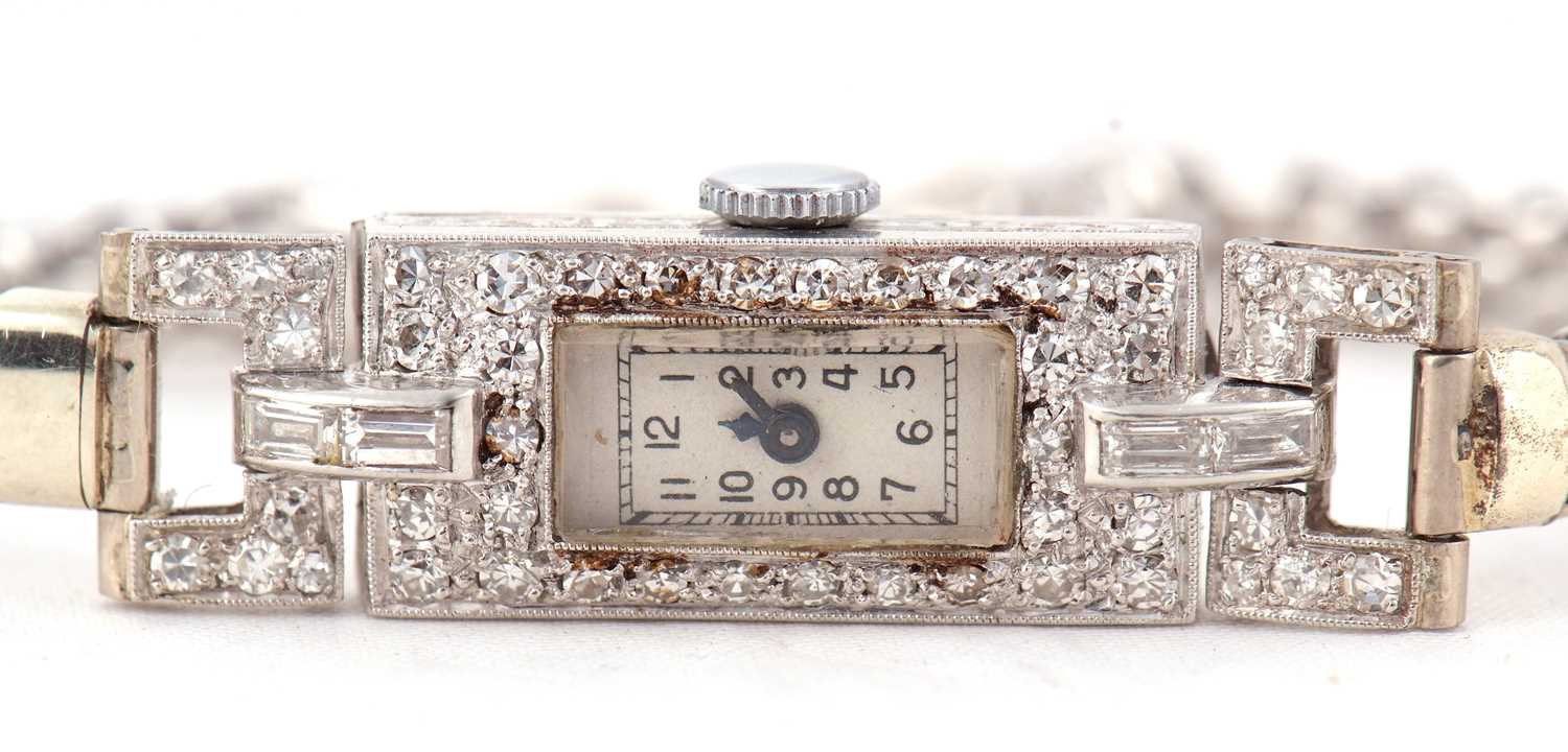 An Art Deco precious metal and diamond ladies wristwatch, the end link of the bracelet is stamped - Image 4 of 9