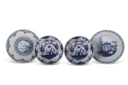 Two 18th Century Delft plates, probably Bristol together with a pair of 18th Century Dutch Delft