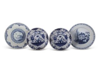Two 18th Century Delft plates, probably Bristol together with a pair of 18th Century Dutch Delft