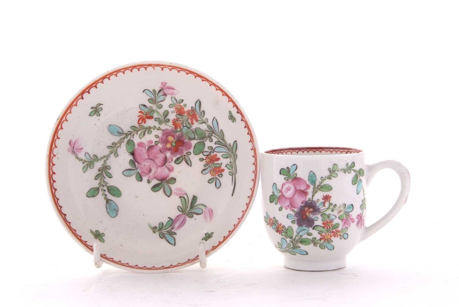 A Lowestoft porcelain cup and saucer circa 1770 with polychrome designs of flowers in Curtis - Image 2 of 4