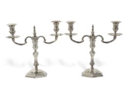 A pair of Irish Sterling Silver cast two light candelabra, Dublin 1973, makers mark for The Royal