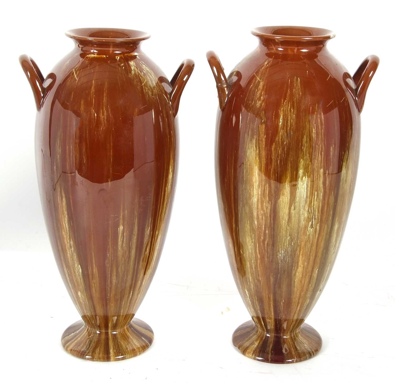 A tall pair of Linthorpe pottery vases the brown glaze with a streaked design, also with loop - Image 2 of 4