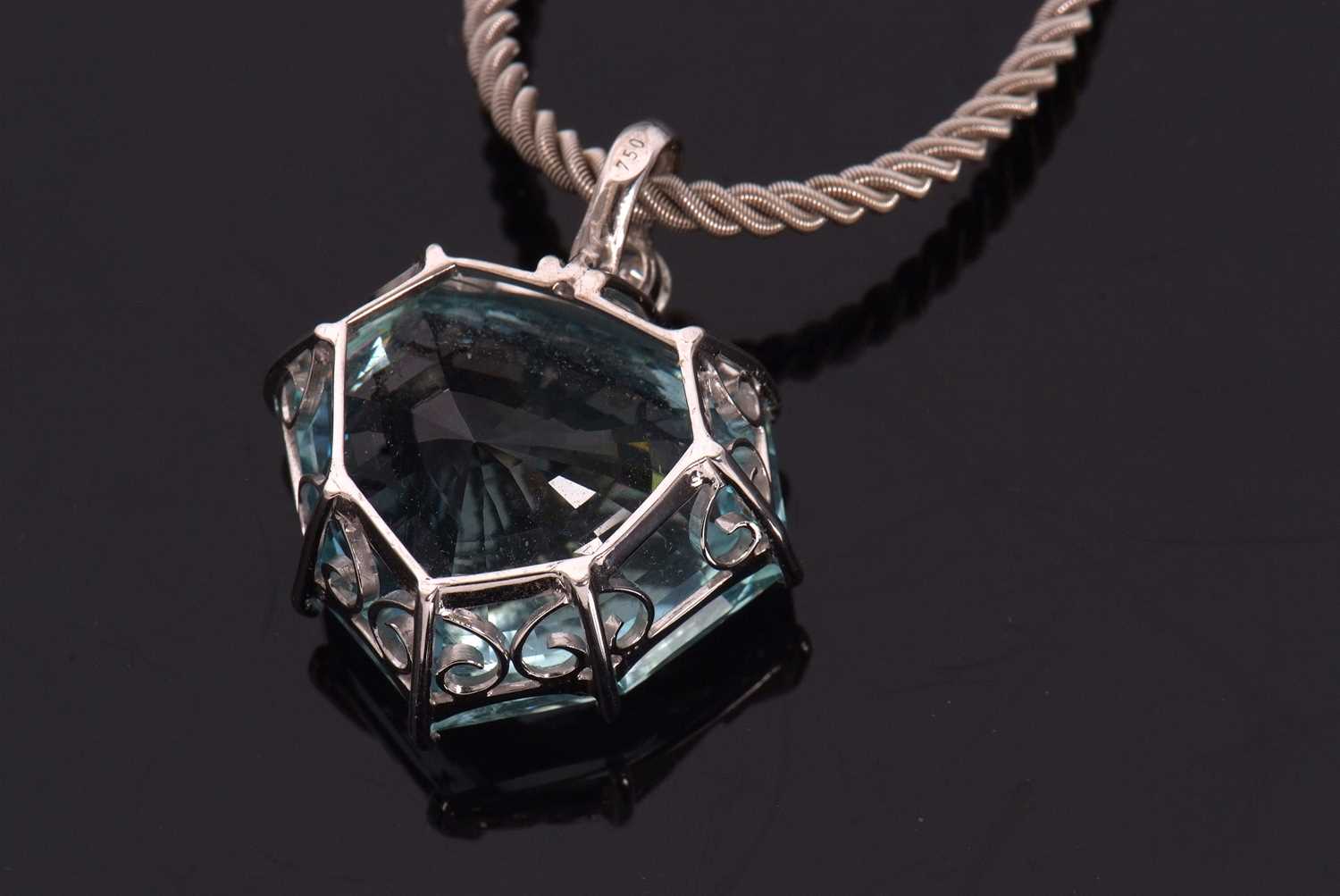 An aquamarine and diamond necklace, the heart shaped mixed cut aquamarine, approx. 37cts, claw - Image 7 of 10