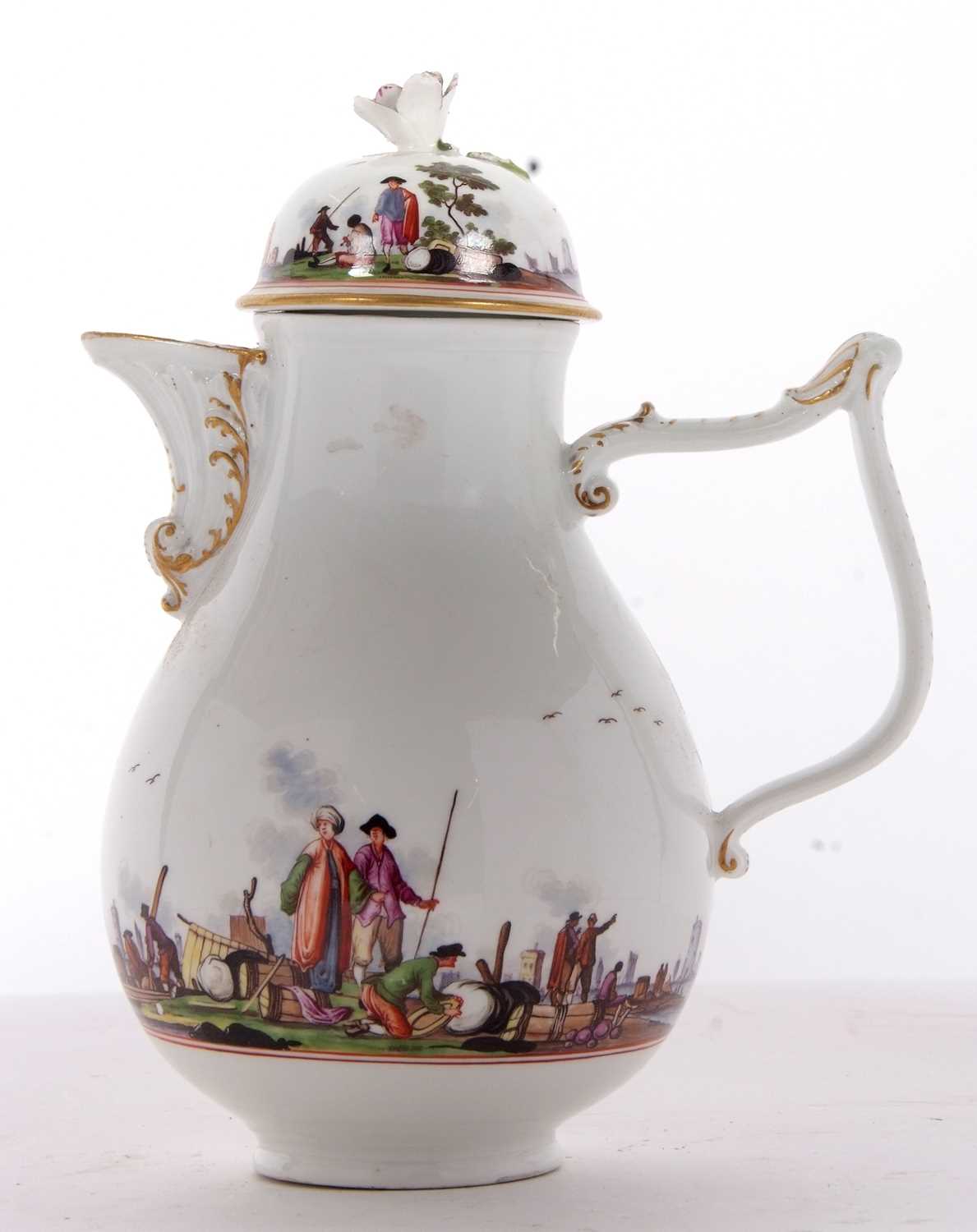 A Meissen coffee pot circa 1740, finely painted with harbour scenes in typical style with double red - Image 2 of 8