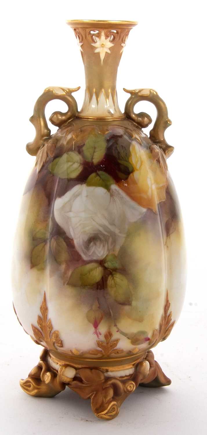 A Royal Worcester vase of lobed shape, finely painted with roses, signed by R Austin, with gilt - Image 3 of 8