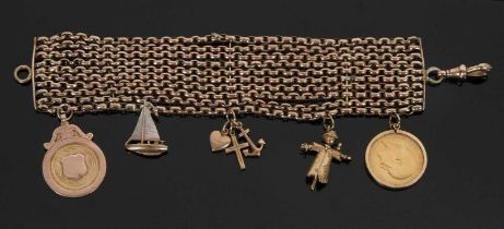 A charm bracelet, the ten strand bracelet (probably an adapted long guard chain) with lobster claw