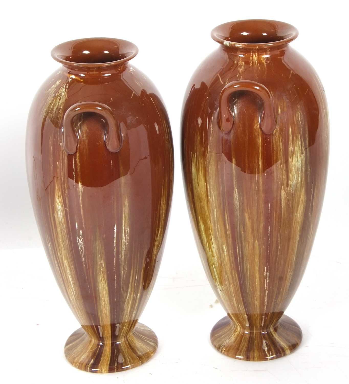 A tall pair of Linthorpe pottery vases the brown glaze with a streaked design, also with loop - Image 3 of 4