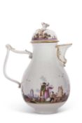 A Meissen coffee pot circa 1740, finely painted with harbour scenes in typical style with double red