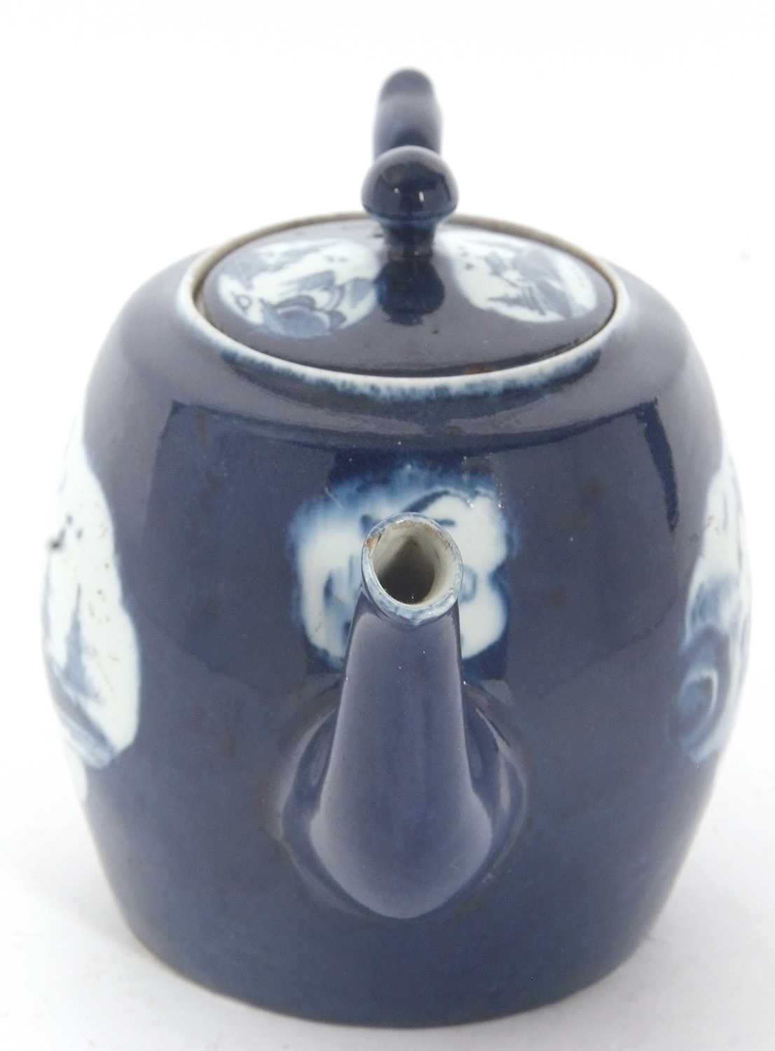 A rare Lowestoft teapot of small size c.1765 and a cover the powder blue ground with shaped panels - Image 3 of 8