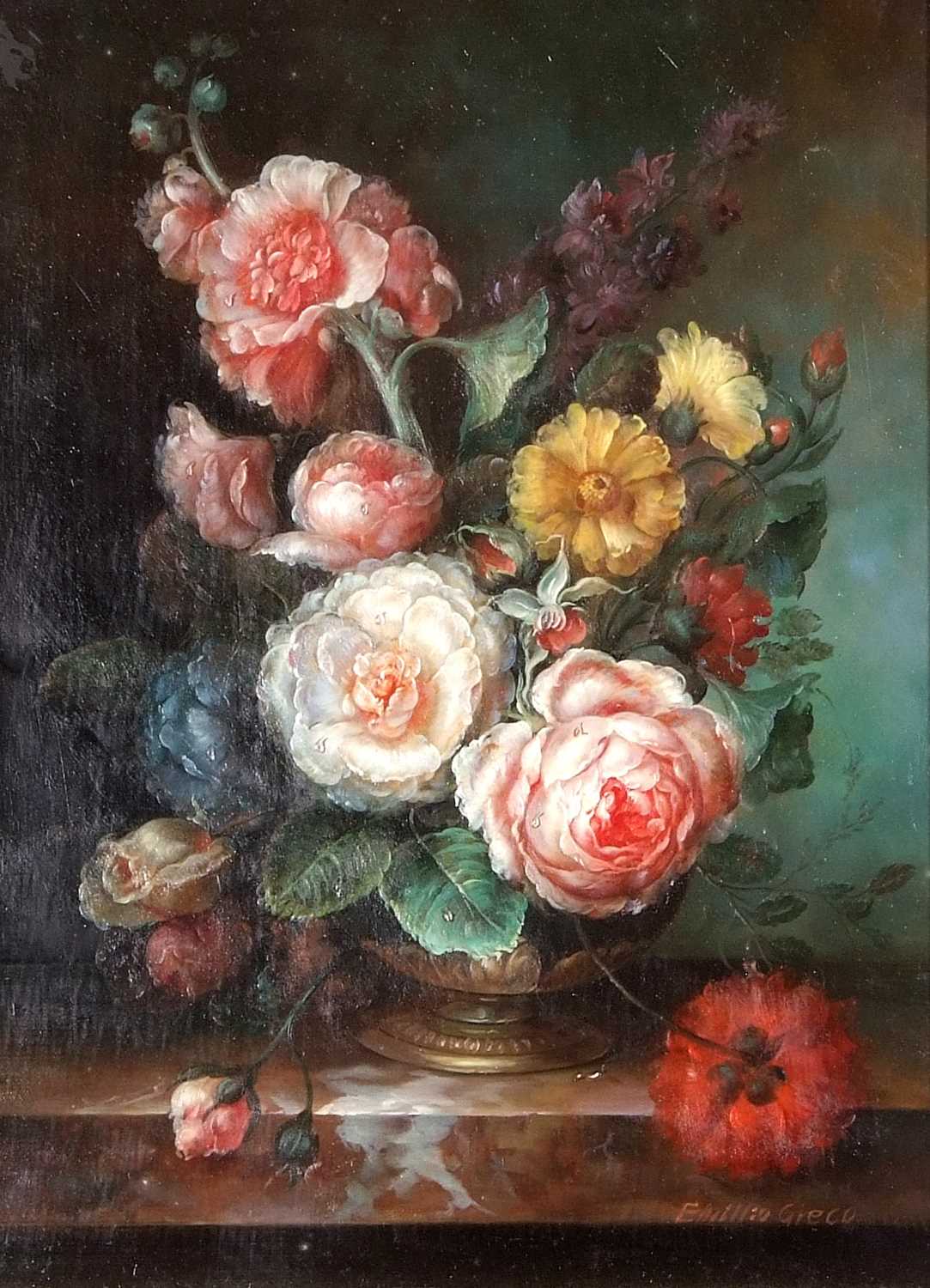Emillio Greco (b.1932), Still life with flowers, oil on board, signed, 28x38cm, framed - Image 2 of 3