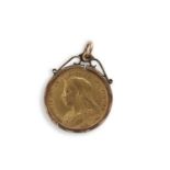 A Victorian half sovereign framed in a 9ct stamped pendant mount, g/w 4.5gms