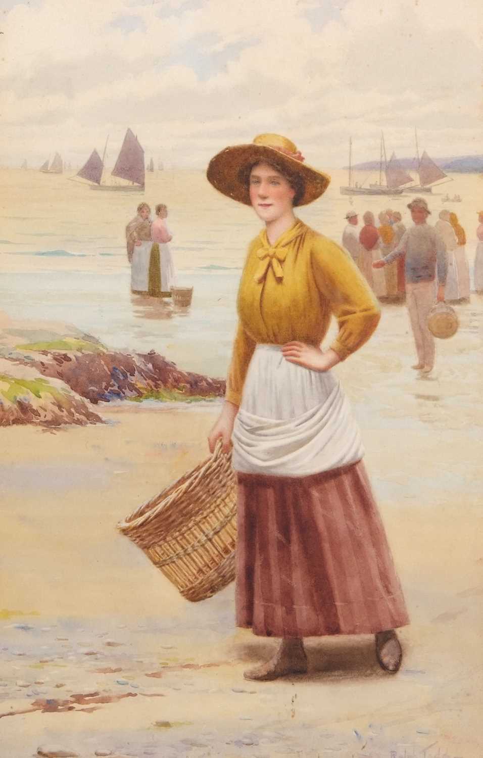 Ralph Todd (British,1856-1932), Fishergirl on the beach, watercolour, signed, 7x11ins, framed and - Image 4 of 6