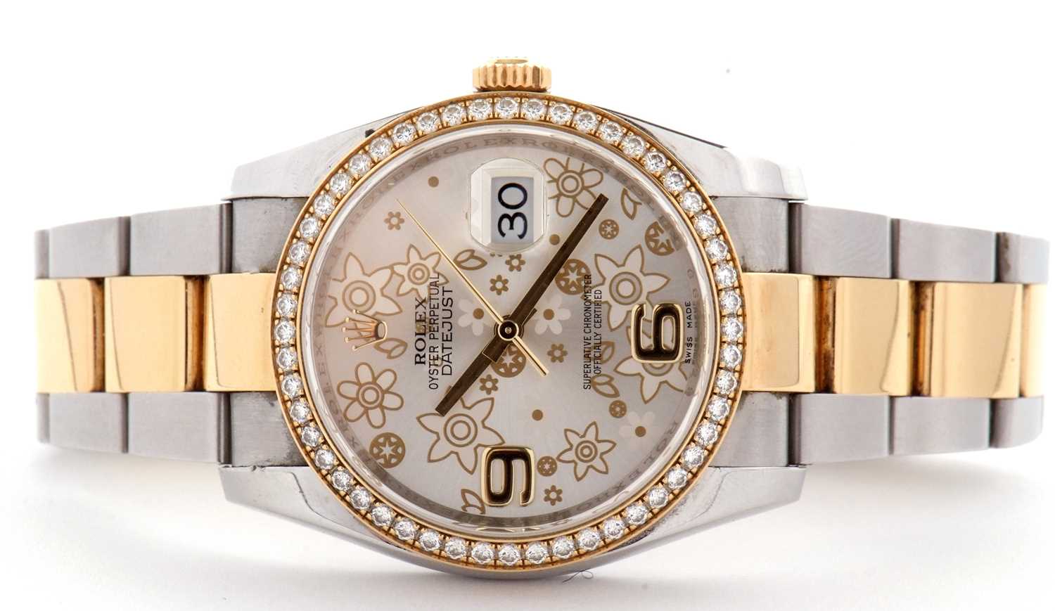 A Rolex Datejust 36, reference 116243, it has a two tone Oyster bracelet and a diamond bezel with - Image 7 of 18