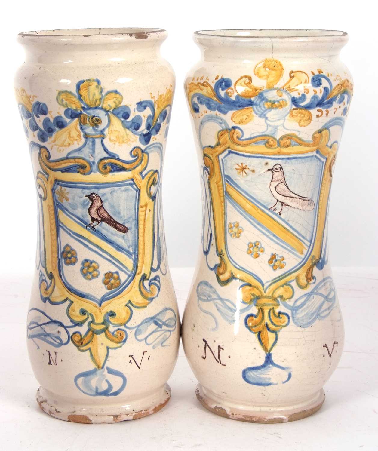 A further large pair of Italian Alberelli also decorated in polychrome with an armorial with the - Image 2 of 4