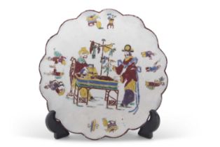 A Bow porcelain plate with polychrome decoration of Chinese figures within shaped brown line rim,