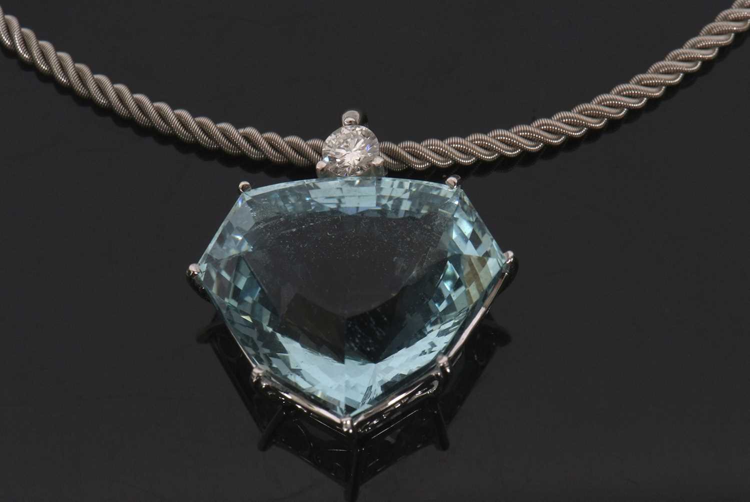 An aquamarine and diamond necklace, the heart shaped mixed cut aquamarine, approx. 37cts, claw - Image 2 of 10