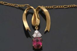 A ruby and diamond pendant necklace, the oval ruby, approx. 6.1 x 8.0 x 4.0mm, in a four claw and