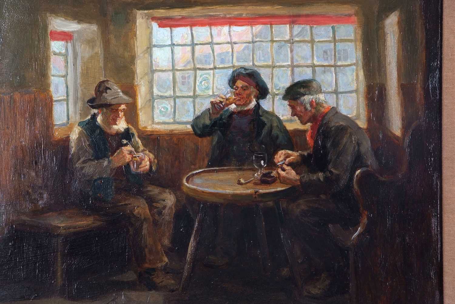 Ralph Hedley (British, 1848-1913), Interior scene depicting three men in a public house, oil on - Image 3 of 3