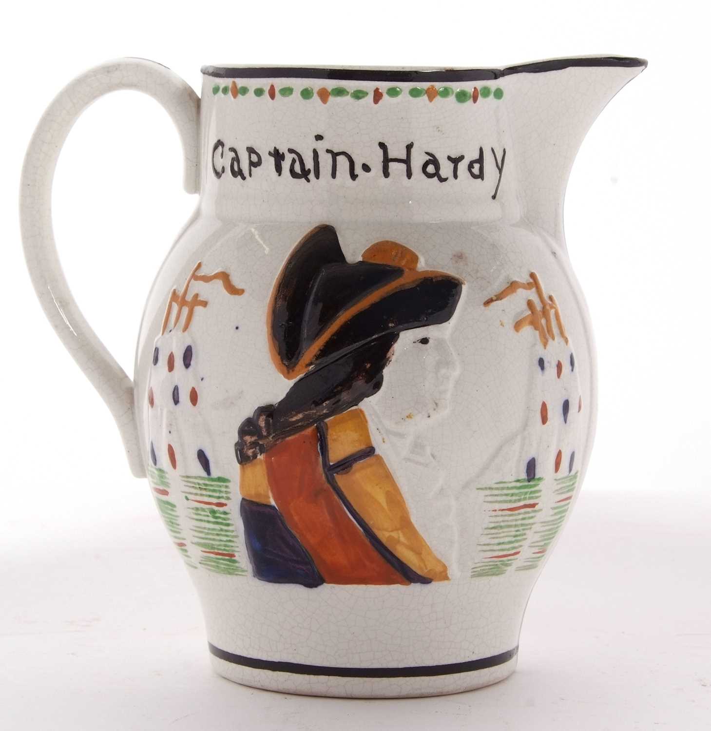 A Pratt Ware type jug modelled with Admiral Nelson in relief, the reverse with Captain Hardy, 15cm - Image 3 of 7