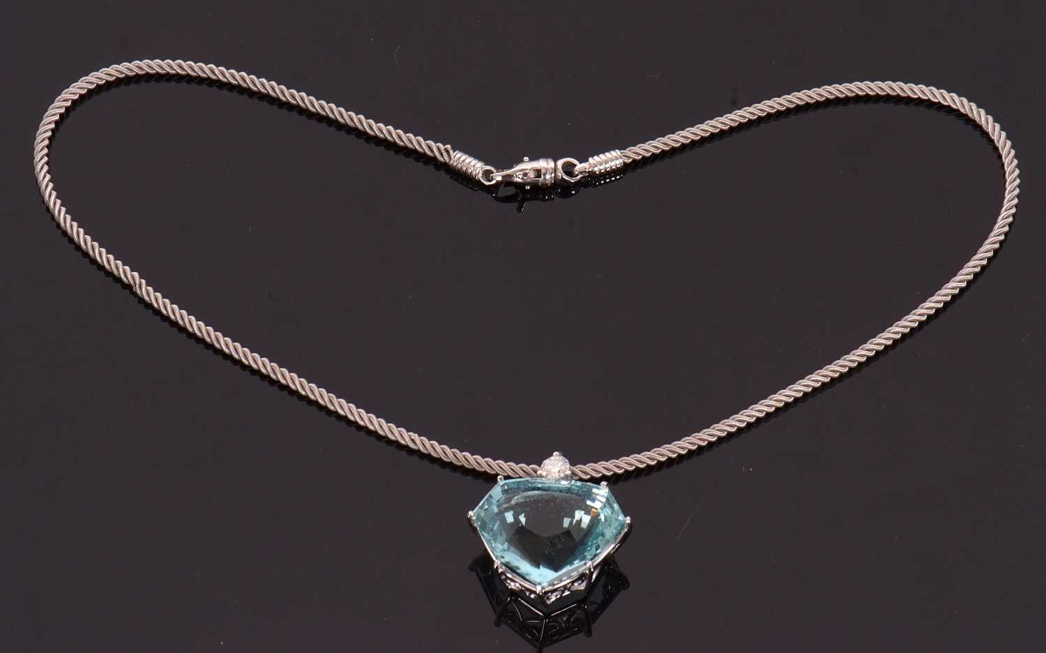 An aquamarine and diamond necklace, the heart shaped mixed cut aquamarine, approx. 37cts, claw - Image 4 of 10