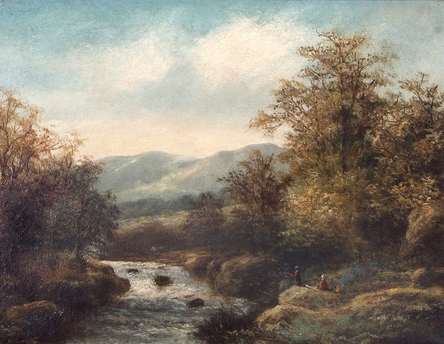 Attributed to Robert Marshall (British,1842-1923), Landscape scene with two figures (one fishing) by - Image 3 of 3