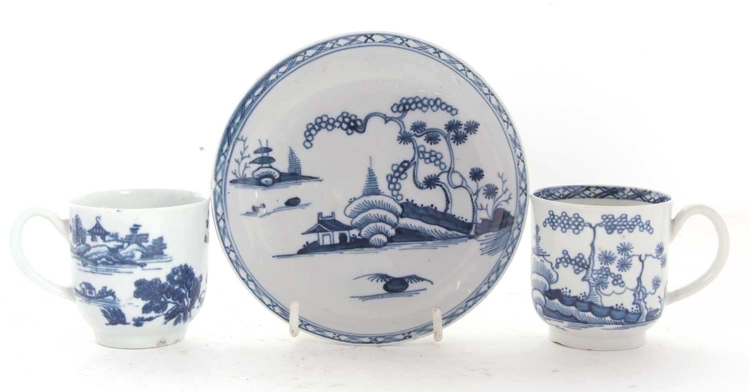 A Liverpool porcelain cup and saucer painted in underglaze blue with a Chinoiserie design, the - Image 2 of 4