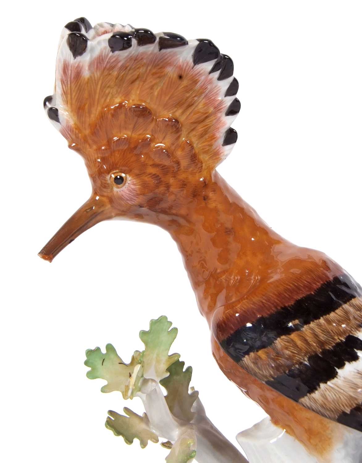 A Meissen model of a Hoopoe bird on a tree trunk, the trunk decorated with insects and flowers, blue - Image 5 of 6