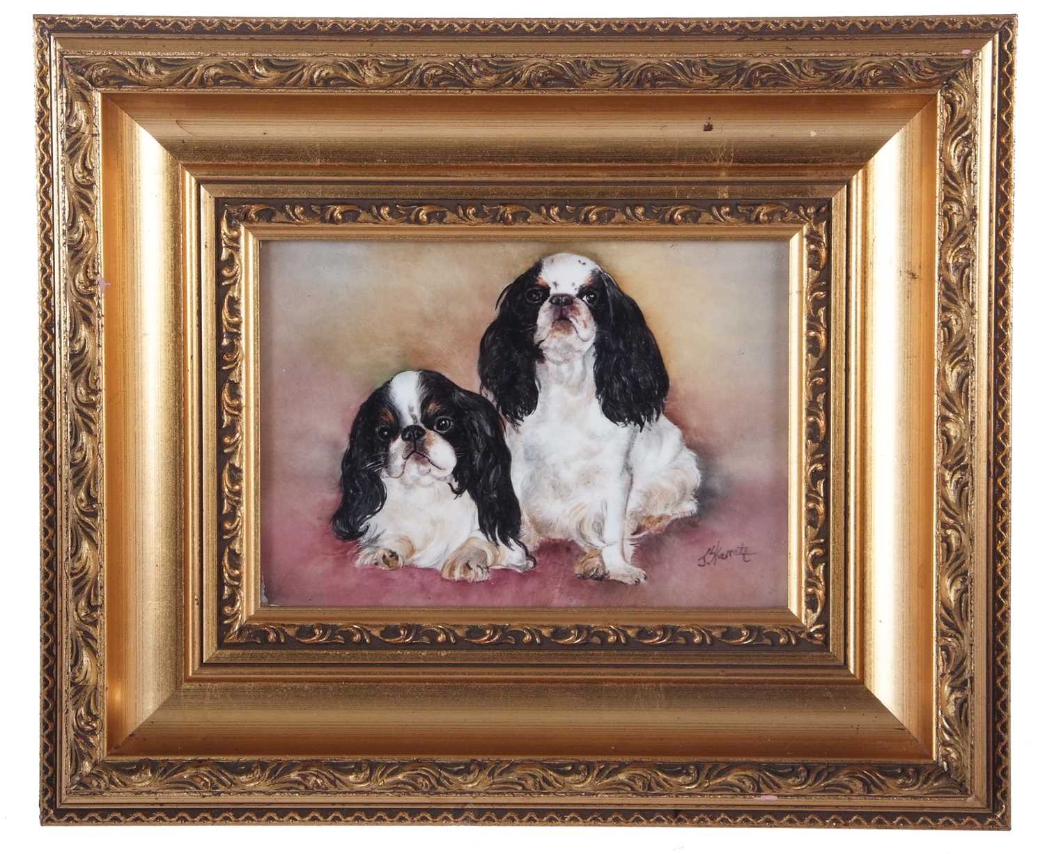 A gilt framed porcelain plaque of Pekingese dogs one of silken thread entitled Thimble and the other - Image 2 of 5