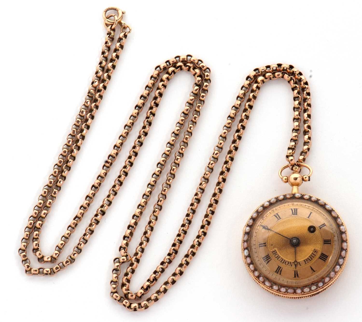 A Boubon a Paris mid grade yellow metal fob watch with chain, the pocket watch has a seed pearl - Image 3 of 9